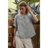 Soft ruffle collar gingham blouse in green and white checks