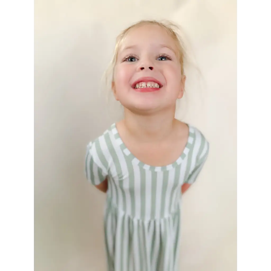 Sage green striped bamboo twirl dress for girls with ruffles