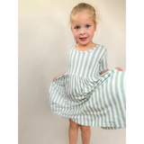 Sage green striped bamboo twirl dress for girls with long sleeves and ruffled hem