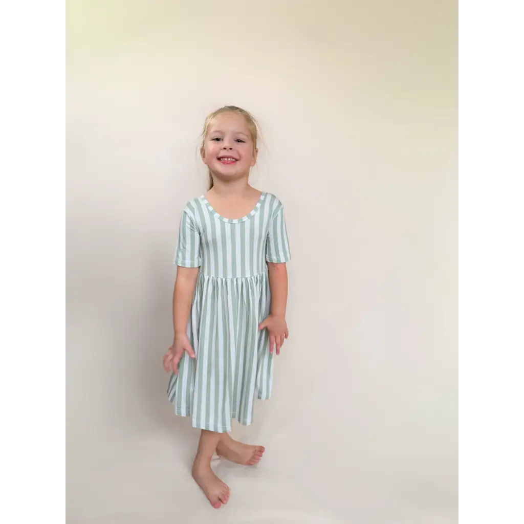 Sage Striped Bamboo Twirl Dress in blue and white stripes for girls