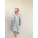 Sage Striped Bamboo Twirl Dress in blue and white stripes for girls