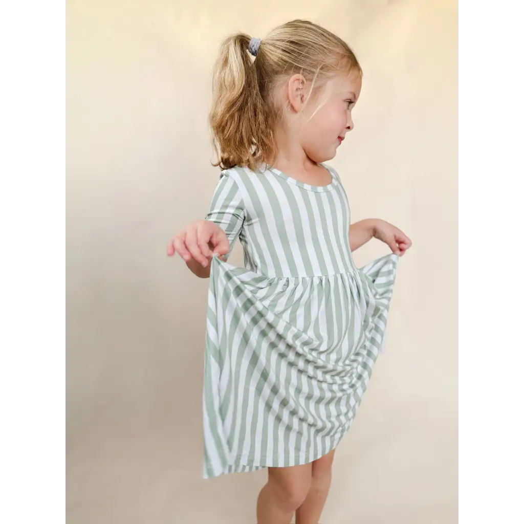 Sage Striped Bamboo Twirl Dress for girls in light blue and white stripes