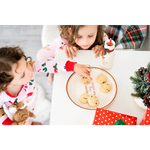 White Santa cookie plate with red green holiday design and cookies for santa text