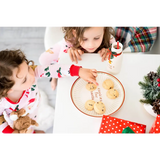 White Santa cookie plate with red green holiday design and cookies for santa text
