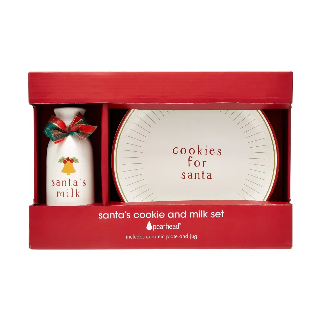 Santa Christmas cookie plate and milk jug set with red trim