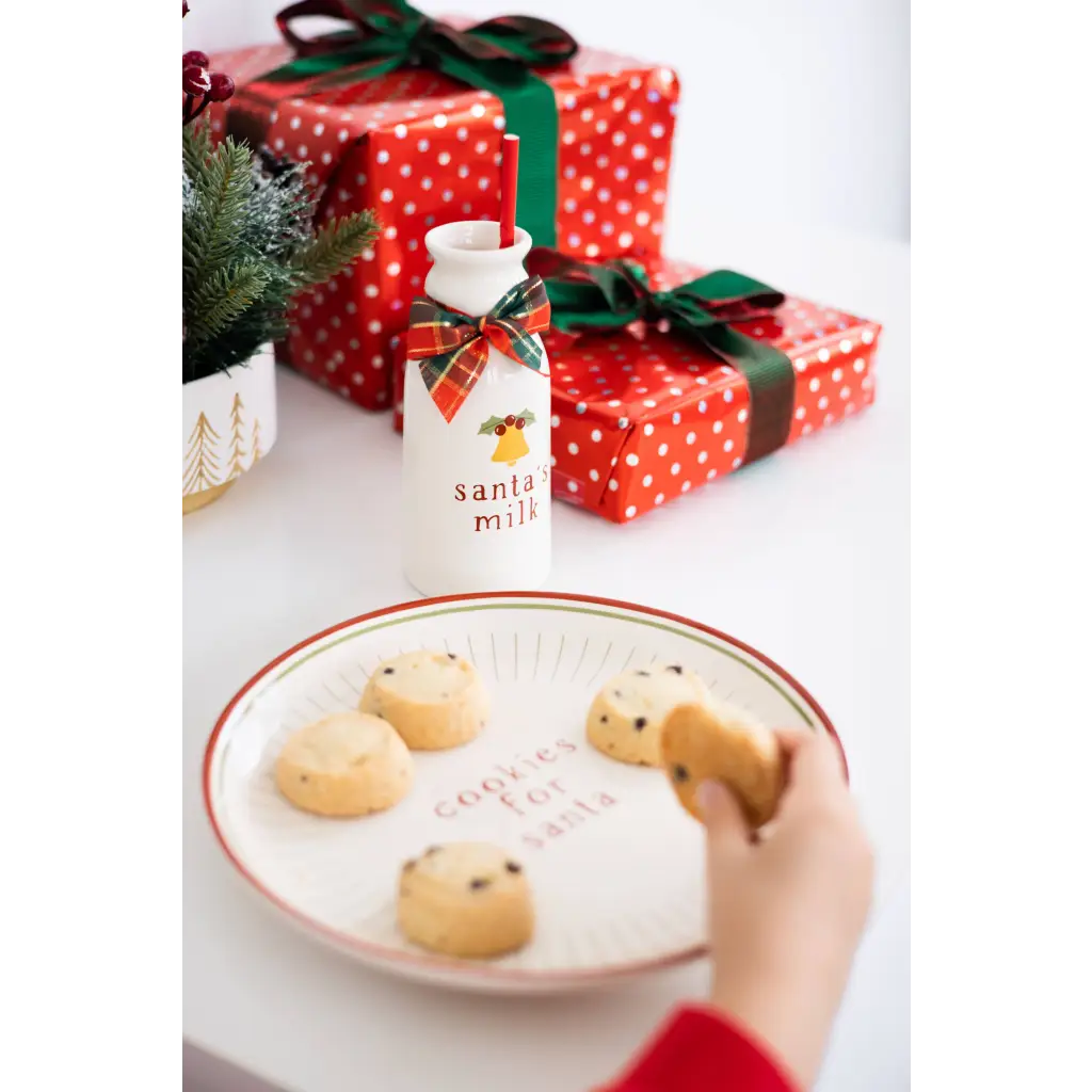 Red polka dot Santa cookie plate gift box with green ribbon