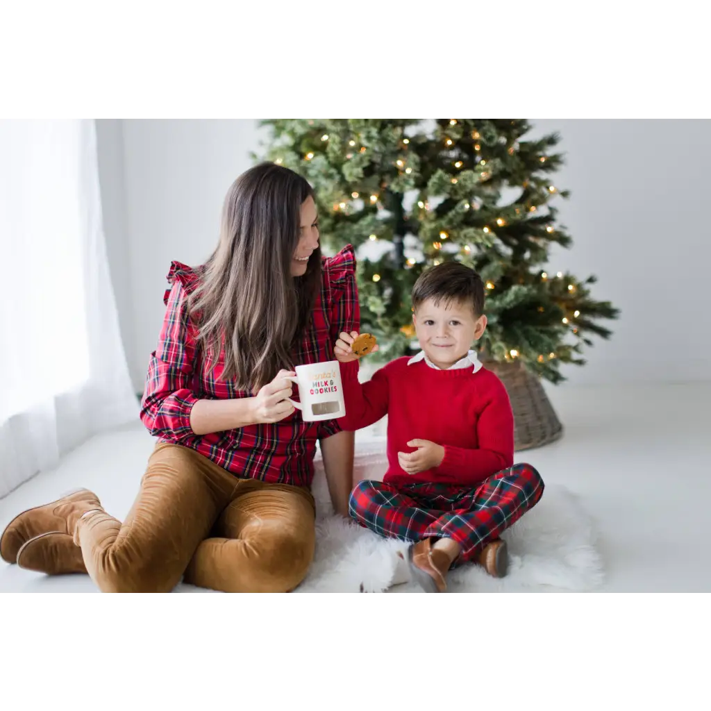 Red plaid Santa’s Milk & Cookies mug with cookie slot