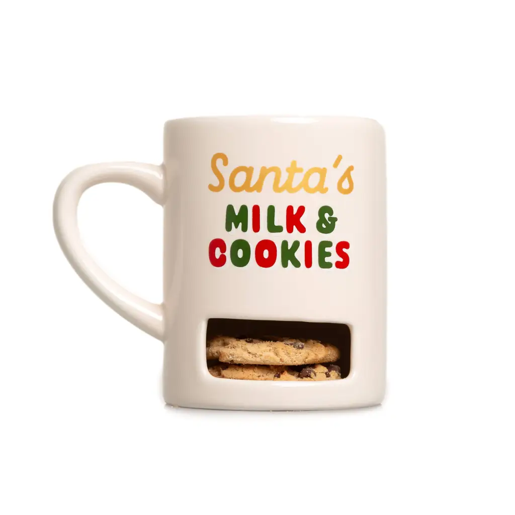 Santa’s Milk & Cookies mug with cookie slot on white background