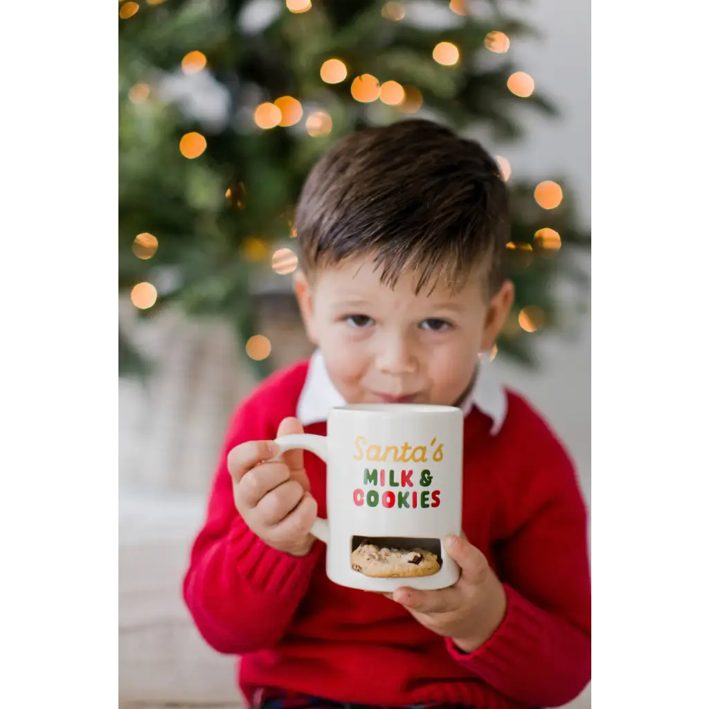 Santa’s Milk & Cookies mug with cookie slot and polished prints