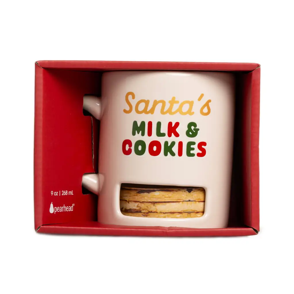 White Pearhead Santa’s Milk & Cookies mug with cookie slot