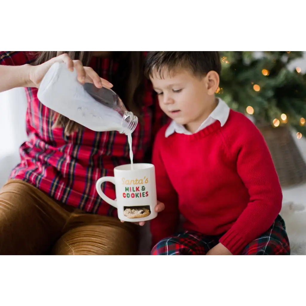 Festive Santa’s Milk & Cookies mug with red plaid and cookie slot
