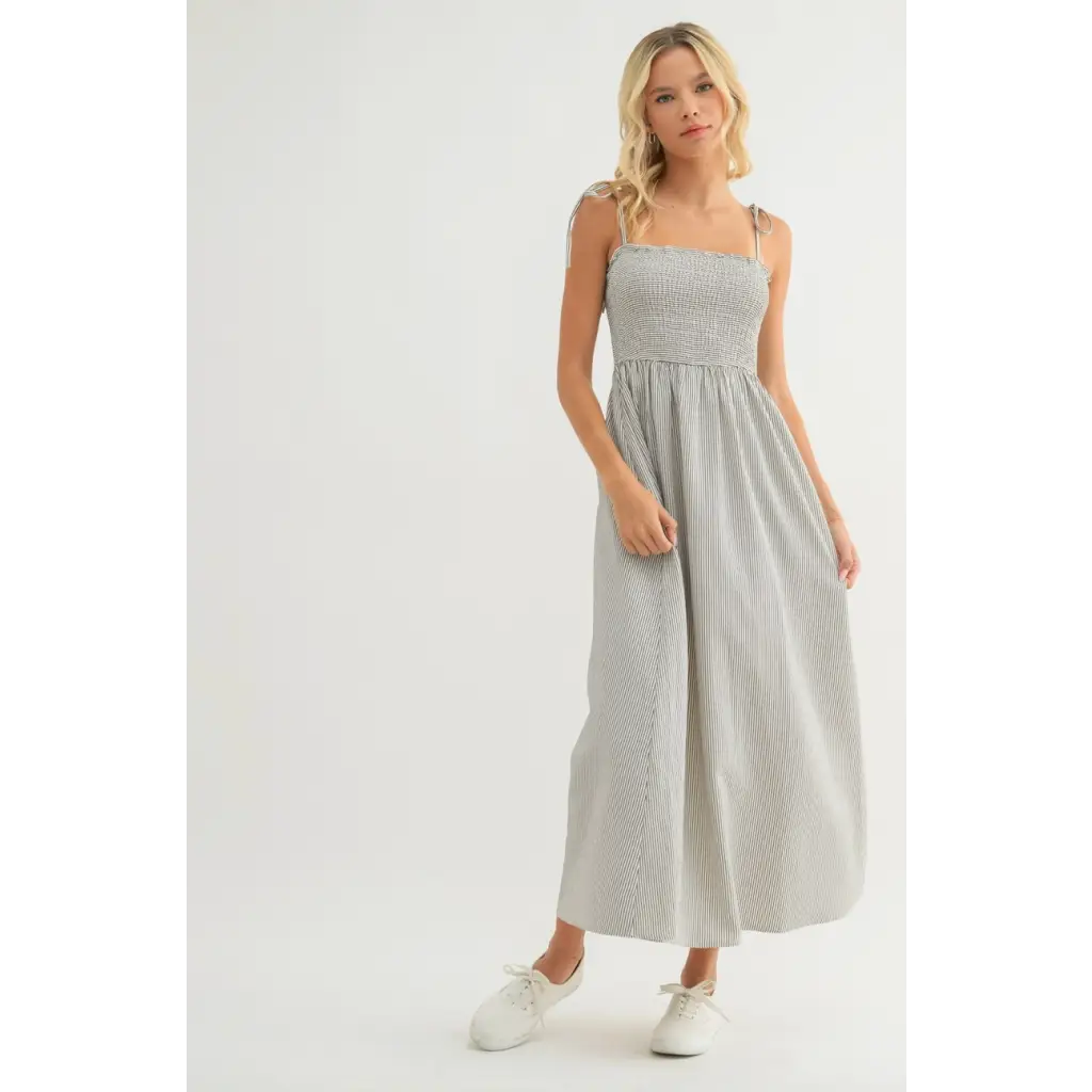 Sarah Striped Self Tie Shoulder Straps Maxi Dress featuring stylish tie shoulder straps