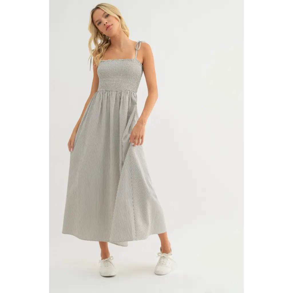Sarah Striped Self Tie Shoulder Straps Maxi Dress with a striped smocked bodice