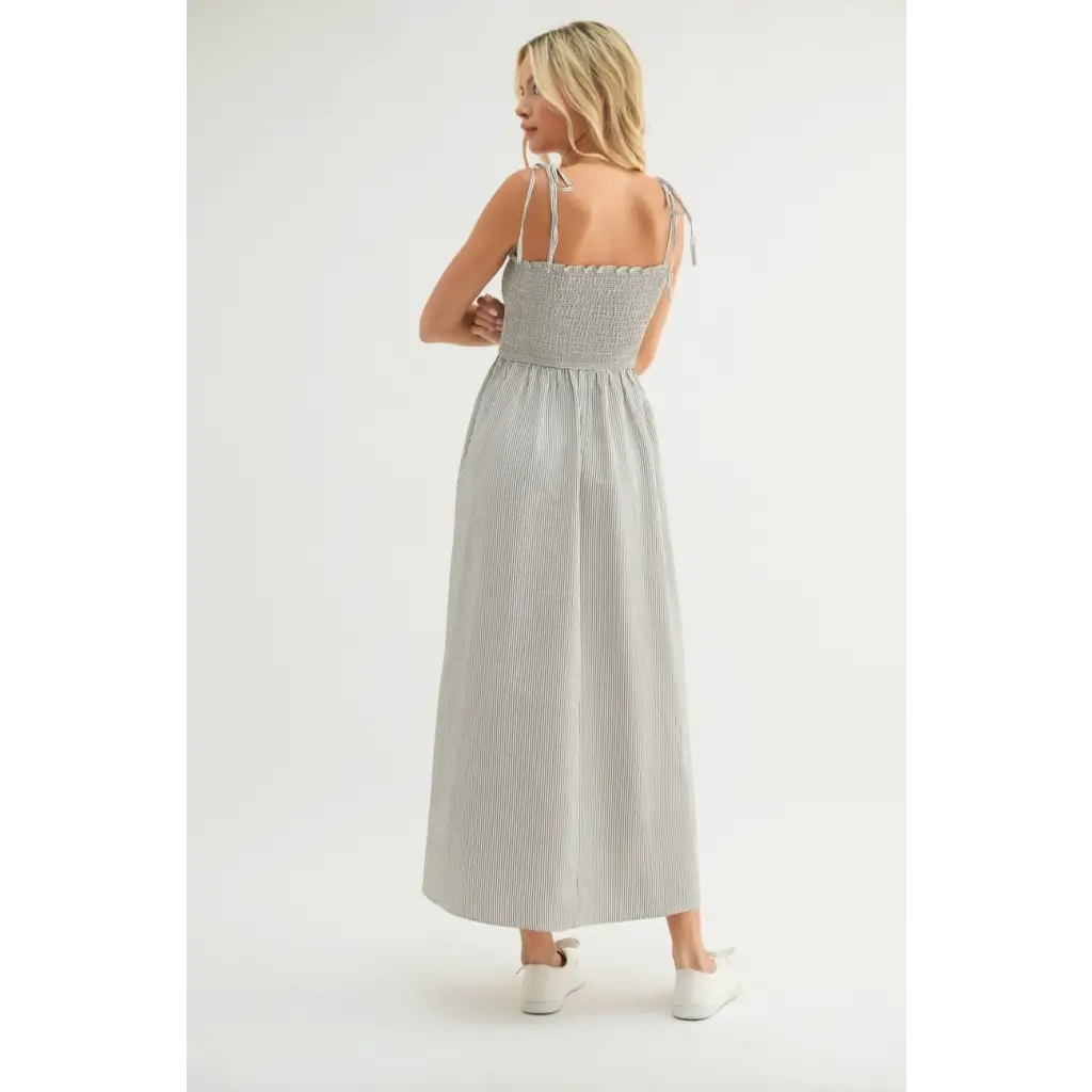 Sarah Striped Self Tie Shoulder Straps Maxi Dress showcasing stylish tie shoulder straps