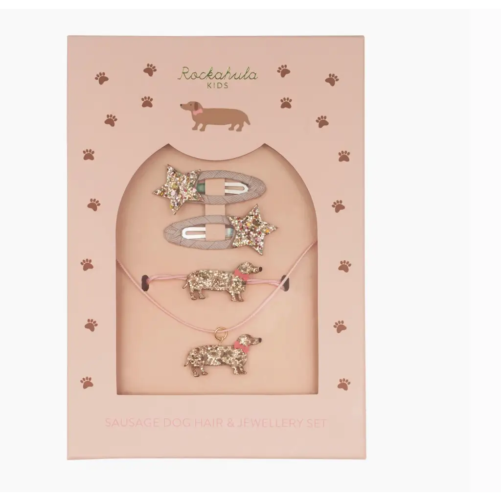 Lovely Gift Box with floral and dog design hair clips in soft pink and gold tones