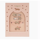 Lovely Gift Box with floral and dog design hair clips in soft pink and gold tones