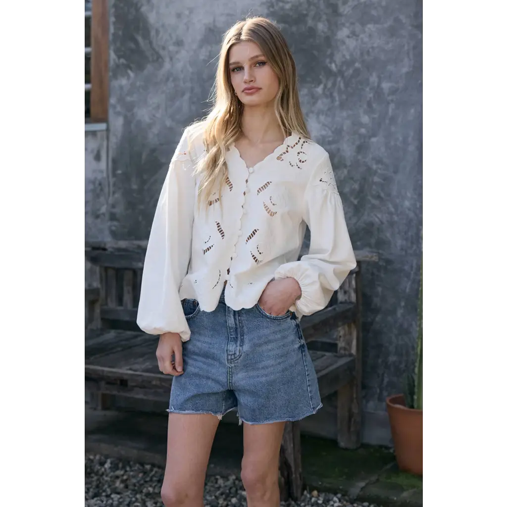 Scalloped floral cutout blouse with eyelet embroidery and puffed sleeves