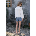 White Scalloped Floral Cutout Button Blouse with lace shoulders