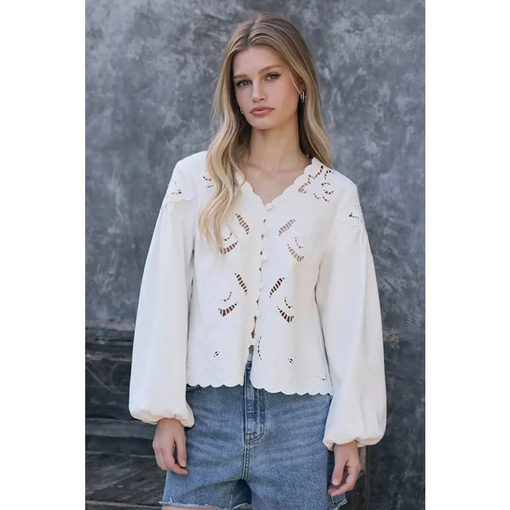 White Scalloped Floral Cutout Button Blouse with floral cutout embroidery