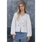 White Scalloped Floral Cutout Button Blouse with floral cutout embroidery