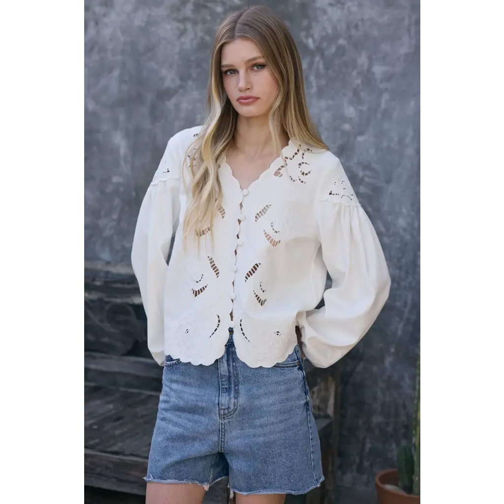 White Scalloped Floral Cutout Button Blouse with puff sleeves