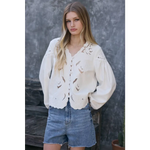 White Scalloped Floral Cutout Button Blouse with puff sleeves