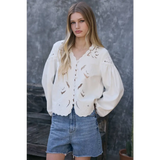 White Scalloped Floral Cutout Button Blouse with puff sleeves