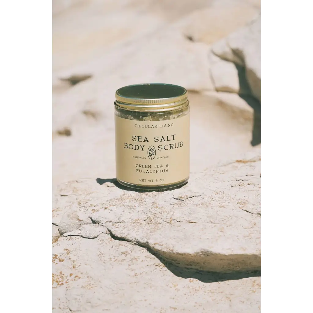 Sea salt body scrub jar with green tea and eucalyptus scent, 5.3 oz