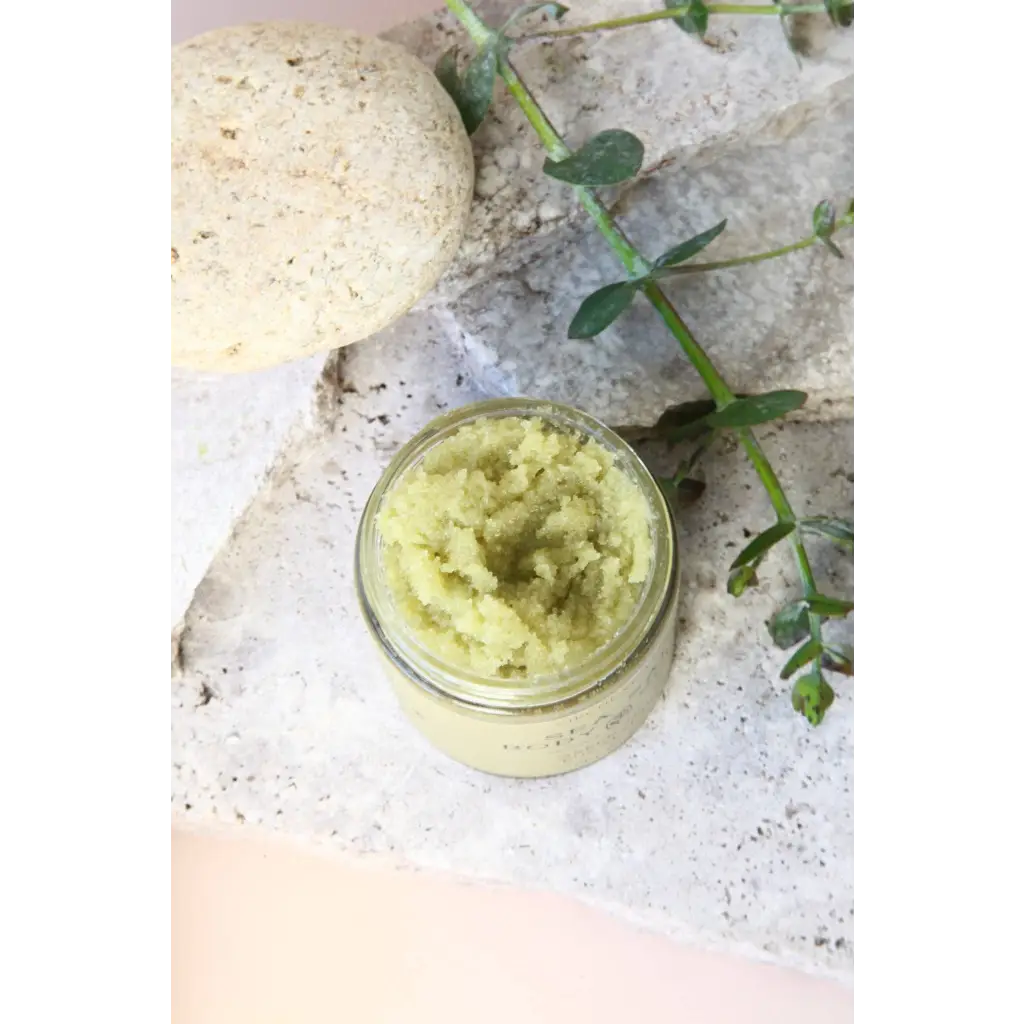 Green tea sea salt body scrub jar with eucalyptus scent
