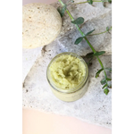 Green tea sea salt body scrub jar with eucalyptus scent