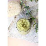 Green tea sea salt body scrub jar with eucalyptus scent