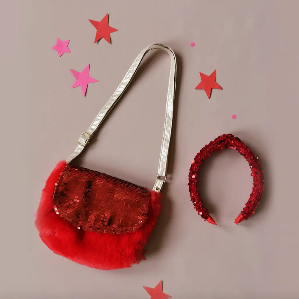 Stylish Red Sequin Velvet Bag with Silver Strap and matching headband for festive fun