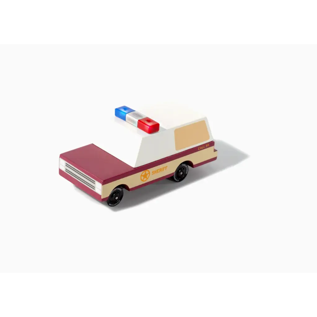 Vintage Wooden Sheriff Truck Toy Ambulance with Emergency Lights and colorful lights