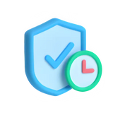 Blue shield icon with checkmark and green clock for shipping protection on polished prints