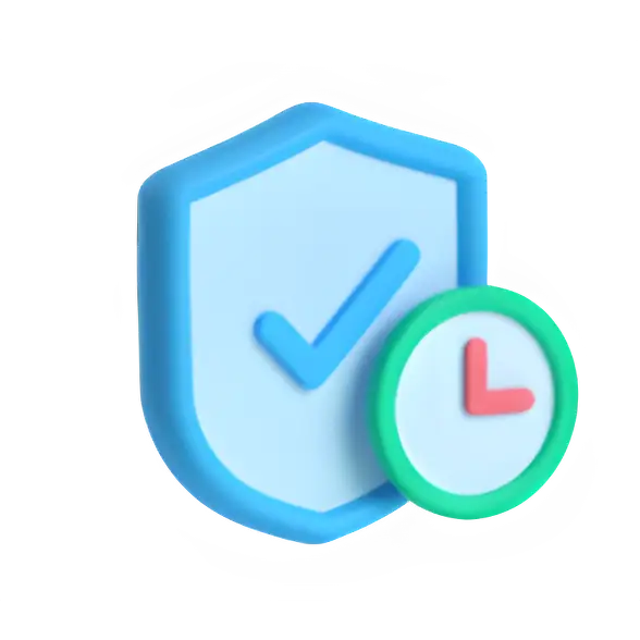 Blue shield icon with checkmark and green clock for shipping protection on polished prints