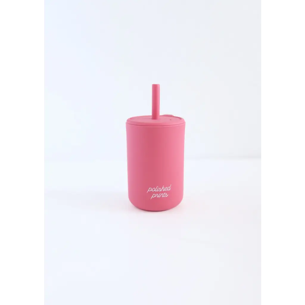 Cute pink silicone cup with straw and lid perfect for kids in colorful rainbow styles