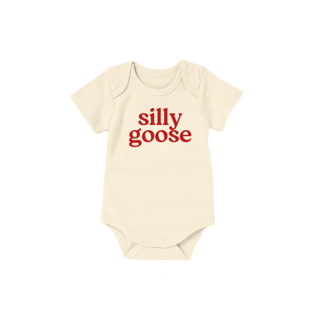 Off-white silly goose baby onesie made of organic cotton with extra-soft fabric