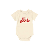 Off-white silly goose baby onesie made of organic cotton with extra-soft fabric