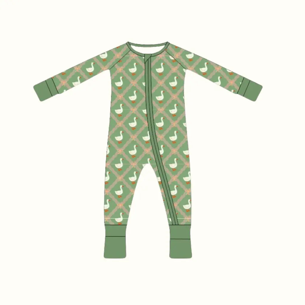 Green baby sleeper with goose and plaid pattern, perfect for comfy bamboo baby sleep