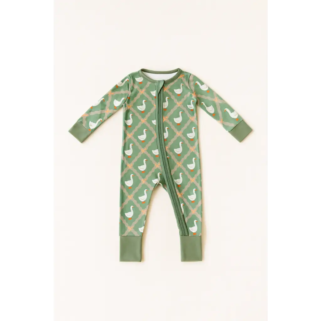 Green baby sleeper with white duck pattern from Silly Goose Bamboo Baby Sleeper collection