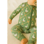 Green baby sleeper with white goose and trellis pattern in Silly Goose Bamboo Baby Sleeper