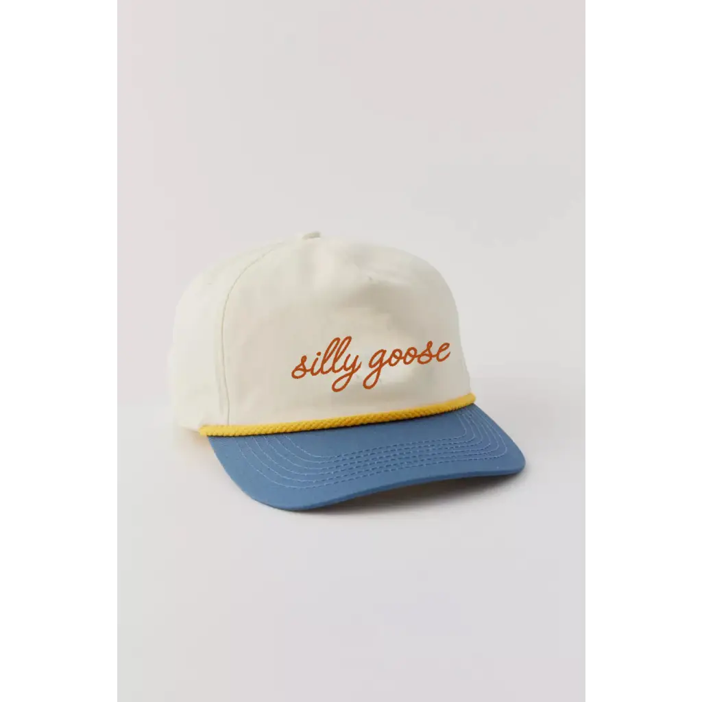Cream-colored silly goose embroidered rope hat with blue brim and yellow accent for kids