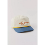 Cream-colored silly goose embroidered rope hat with blue brim and yellow accent for kids