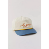 Cream-colored silly goose embroidered rope hat with blue brim and yellow accent for kids