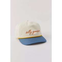 Cream-colored silly goose embroidered rope hat with blue brim and yellow accent for kids