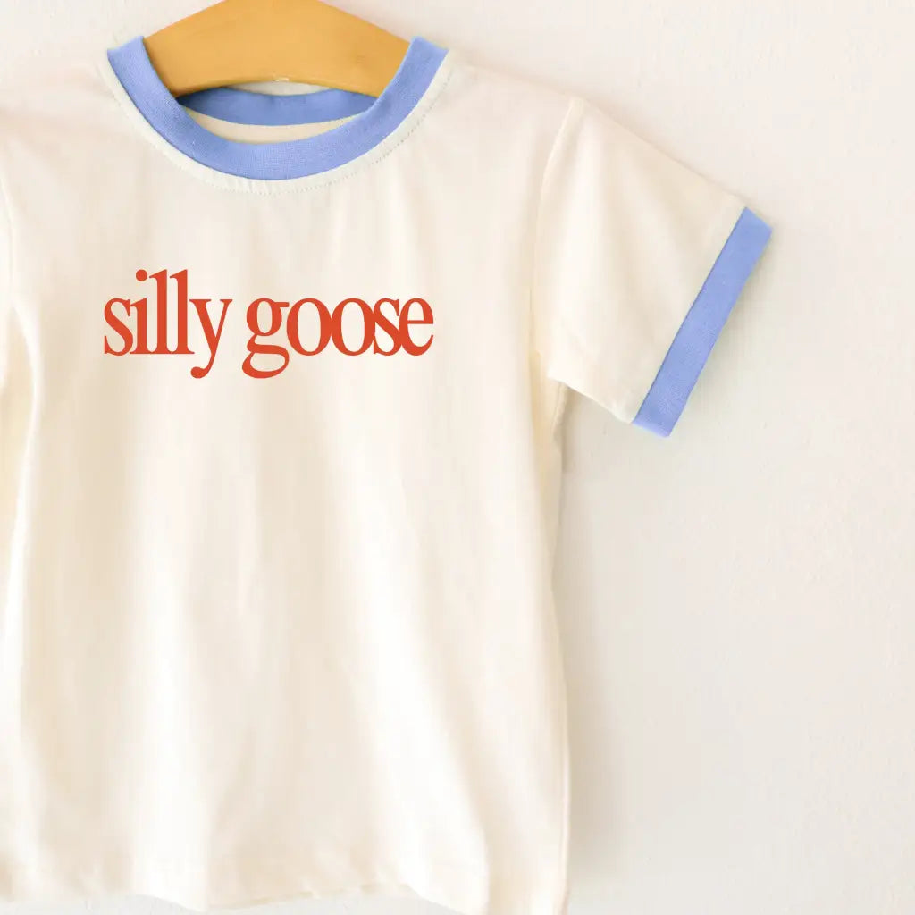 Silly Goose kids ringer tee in cream with blue trim