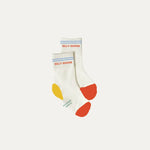 Silly Goose toddler socks in white with blue stripes and red yellow toe caps