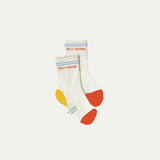 Silly Goose toddler socks in white with blue stripes and red yellow toe caps