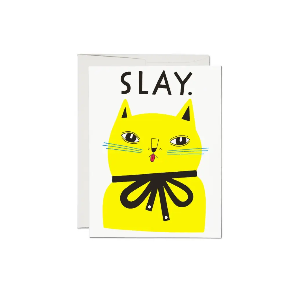 Yellow cat greeting card with black bow and slay text, perfect for stylish womens clothes