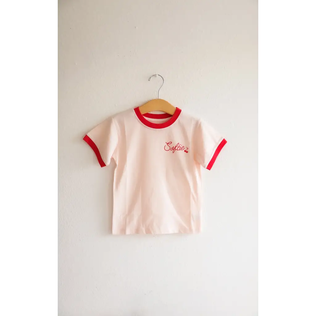 White Soft Girls Club Ringer Tee for Kids with red trim and cute embroidered text